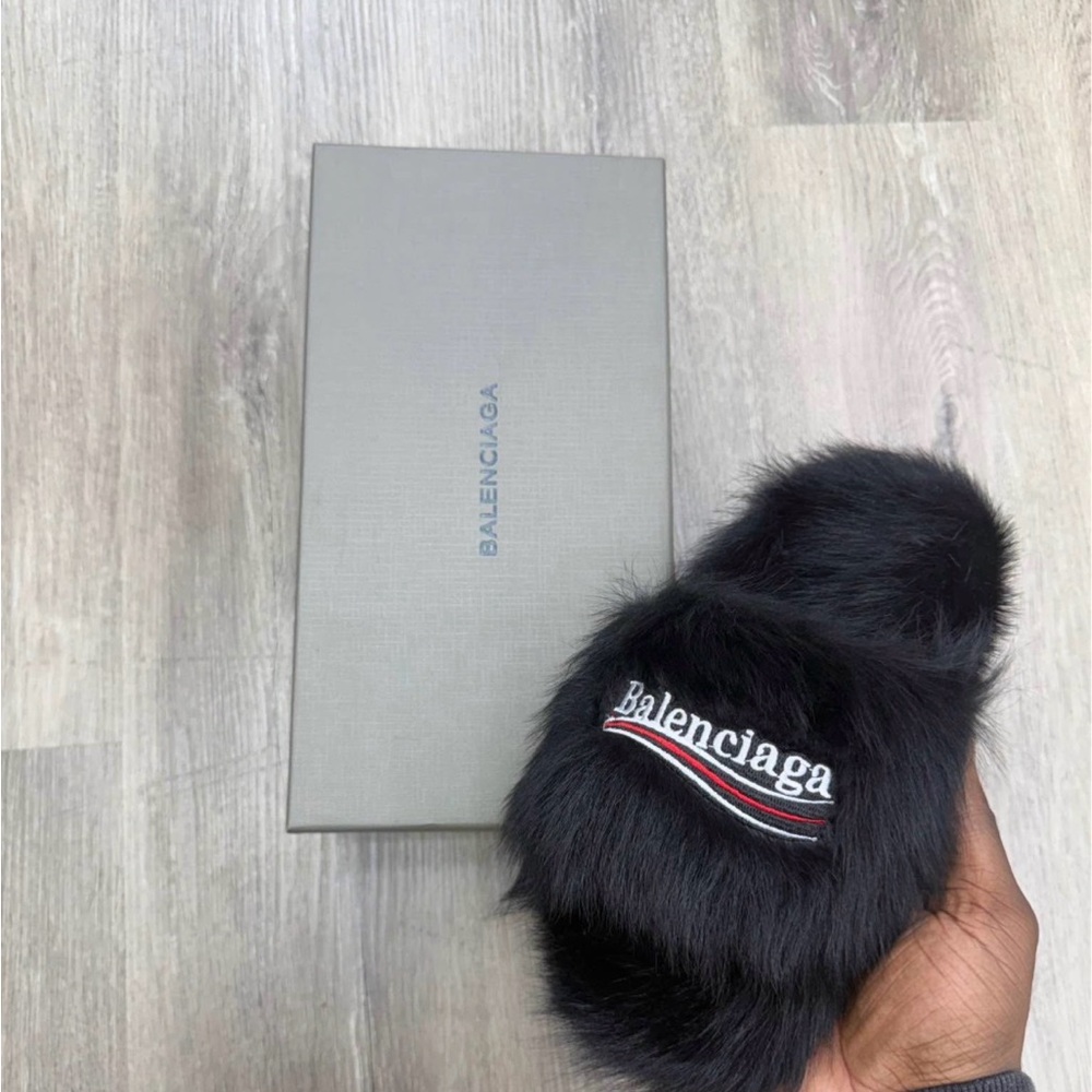 Balenciaga Black Fur Logo Slides - Picture 2 of 2